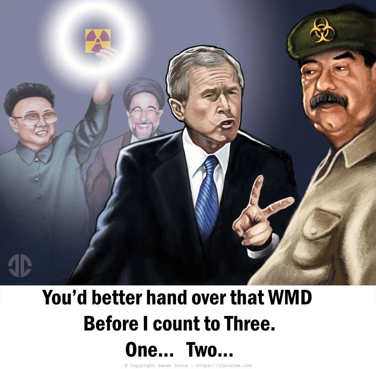 Illustration of George W Bush threatening Saddam Hussein